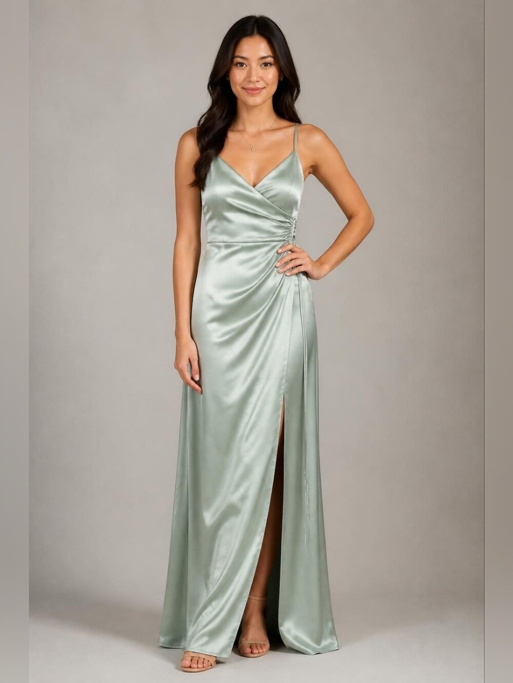 Birdy Grey Small Light Green Satin Ruched Spaghetti-Strap Maxi Dress Party Prom